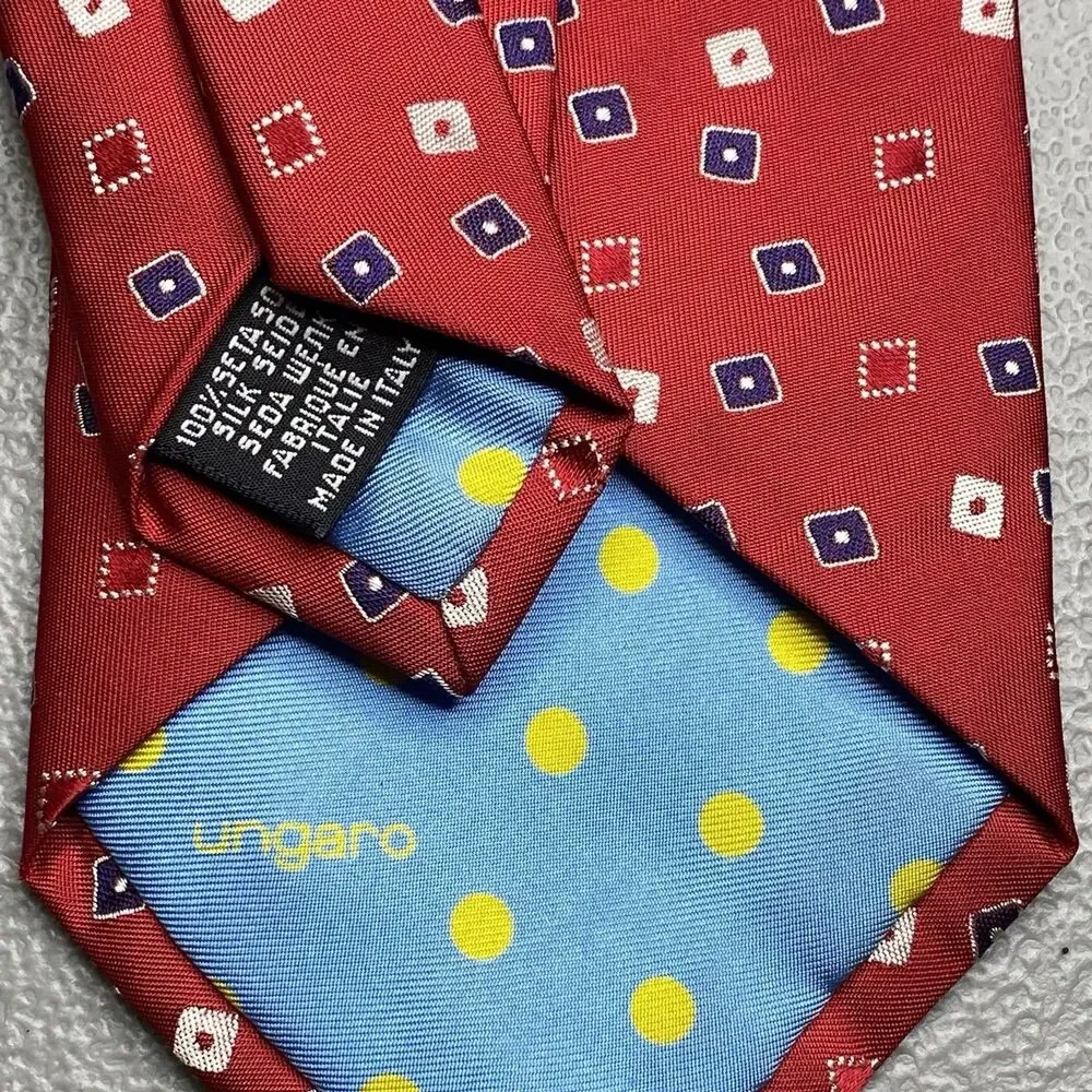Emanuel Ungaro Silk Tie Vintage Geometric Diamond Square Italy Mens Red Blue